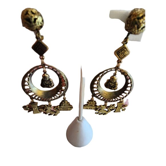 Vintage Screwback Asian Motif Hoop Dangle Earrings (A1598) - Picture 2 of 4
